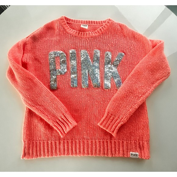 Victoria's Secret Pink Orange Oversized  XS Sweater Silver Bling Sequin Logo - Picture 1 of 6